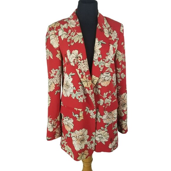 Zara Red White Floral Print Open Front Blazer Jacket Spring Summer Fun Loud Chic - Picture 1 of 15